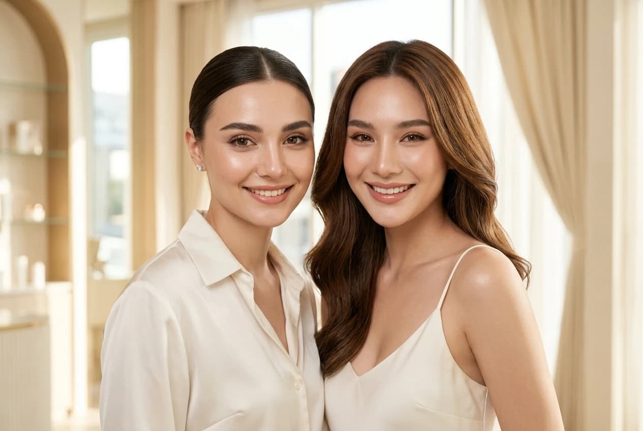 Dua karakter LAMEDA dalam visual kampanye beauty berlatar lilac